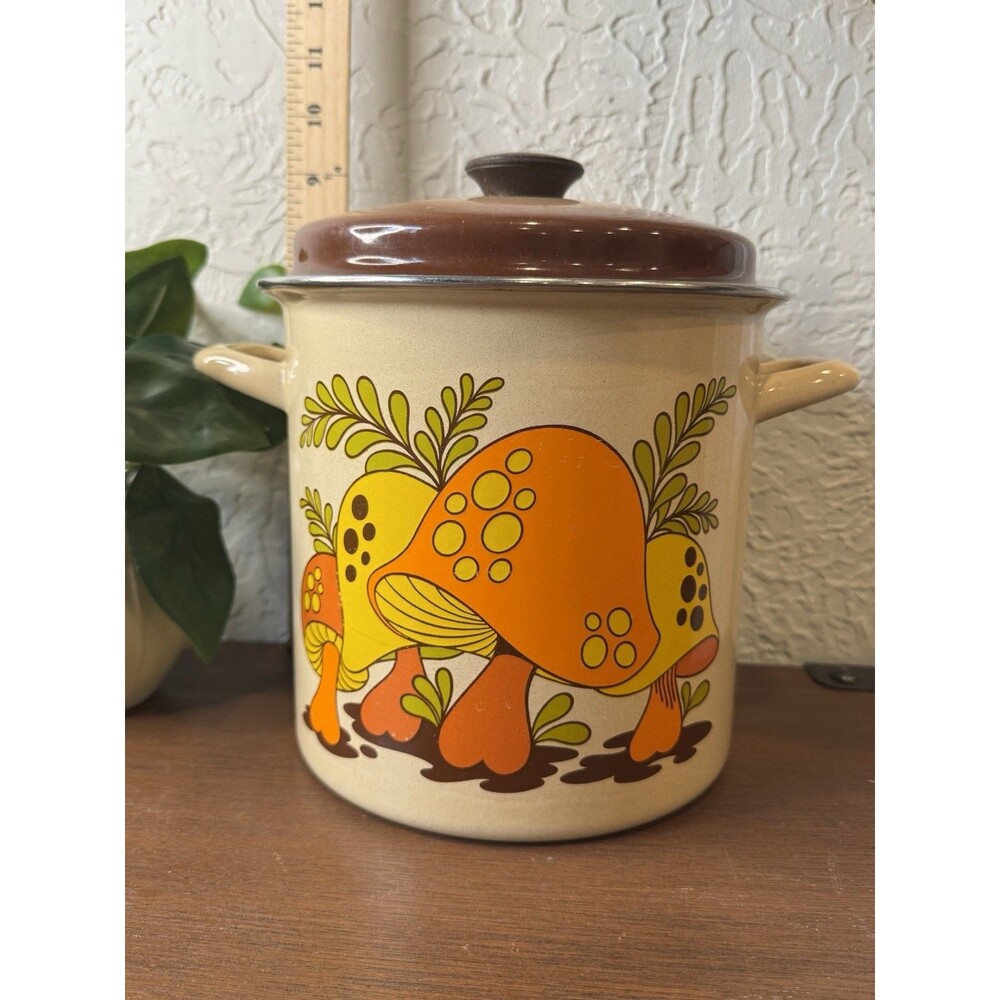 VINTAGE STOCK POT SEARS ENAMELWARE MERRY MUSHROOM RETRO ORANGE BROWN